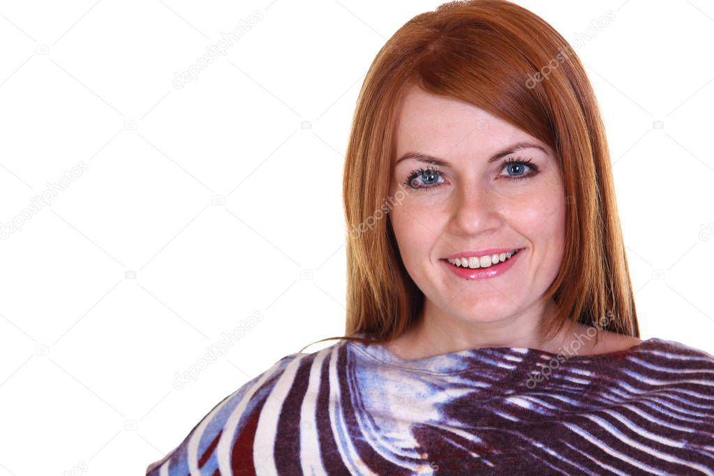 Portrait of beautiful young red hair woman, isolated on white background