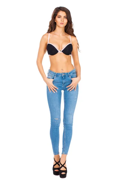 Jovem Bela Mulher Morena Jeans Azul Isolado Whitebackground — Fotografia de Stock