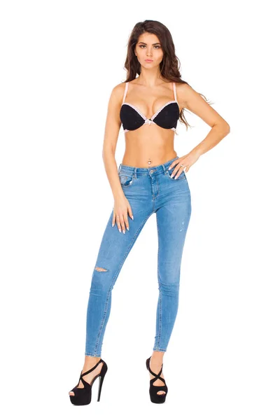 Jovem Bela Mulher Morena Jeans Azul Isolado Whitebackground — Fotografia de Stock