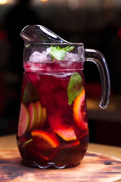 Homemade Red Wine Sangria Orange Apple Strawberry Ice Glass Pitcher — Stock Photo, Image