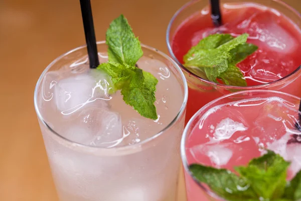 Three Various Summer Milkshakes Glasses — Stock Photo, Image