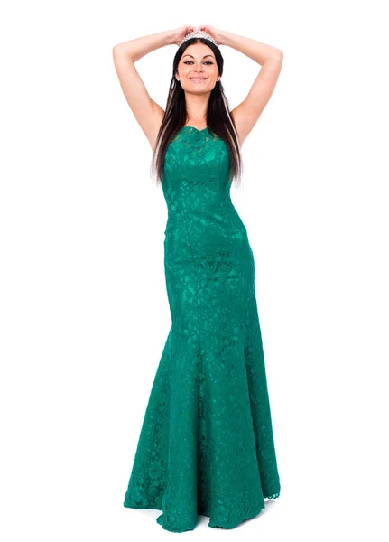 Retrato Moda Muito Sexy Jovem Morena Vestido Verde Longo Posando — Fotografia de Stock