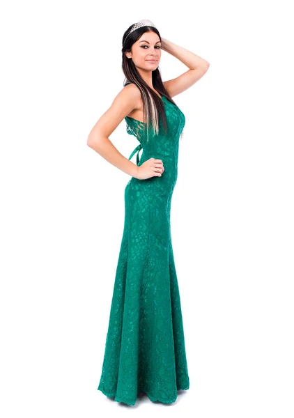 Moda Piękny Portret Seksowny Brunetka Młodej Kobiety Długie Zielone Sukienka — Zdjęcie stockowe