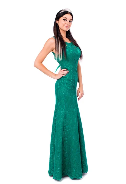 Fashion Portrait Pretty Sexy Young Brunette Woman Long Green Dress — Stock Photo, Image