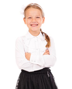 Güzel bir sarışın küçük kız, beyaz arka plan üzerinde izole