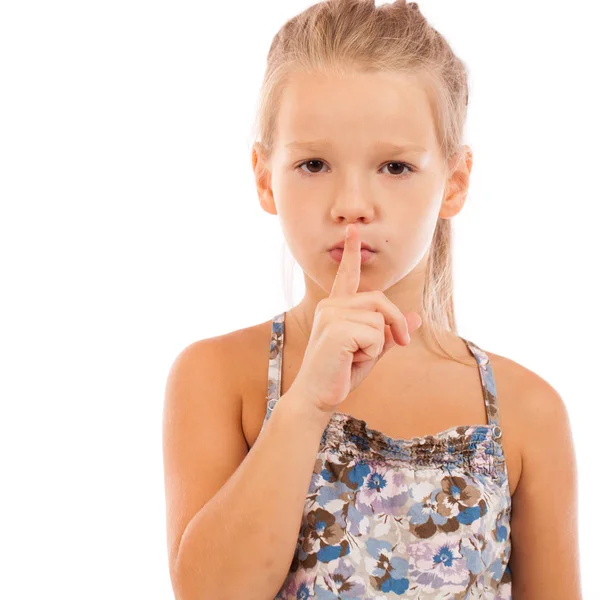 Jovem Linda Loira Menina Colocou Dedo Indicador Nos Lábios Como — Fotografia de Stock