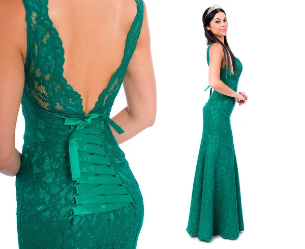 Fashion Portrait Pretty Sexy Young Brunette Woman Long Green Dress — Stock Photo, Image