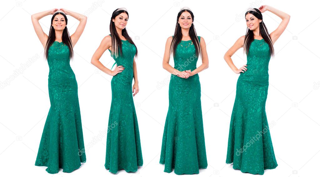 Collage, Fashion portrait of pretty sexy young brunette woman in long green dress posing isolated on white background 