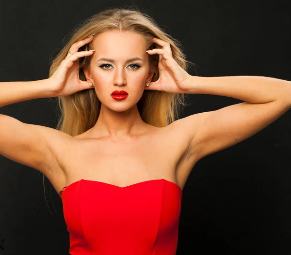 Very Sexy Sensual Girl Blond Hair Red Lips — Stock Photo, Image