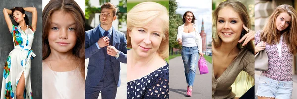 Collage Glada Människor Närbild Porträtt Ung Modeller Sommar Gata Utomhus — Stockfoto