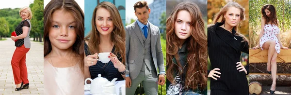 Collage Glücklicher Menschen Nahaufnahme Porträt Eines Jungen Models Sommer Straße — Stockfoto