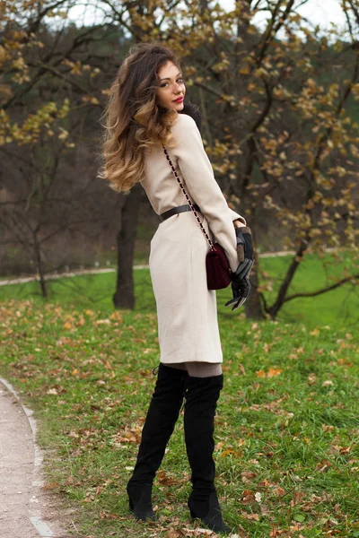 공원에서 가방으로 베이지색 코트에 여자의 초상화 — 스톡 사진