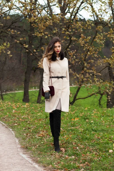 Portrait of a young beautiful woman in beige coat with a bag walking in autumn park