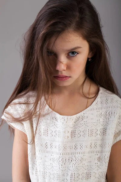 Portrait Charming Brunette Little Girl Isolated Gray Background — Stock Photo, Image