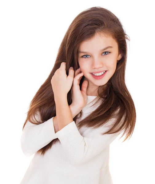 Modelo Beleza Retrato Uma Menina Morena Encantadora Isolado Fundo Branco — Fotografia de Stock