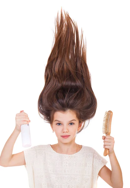 Hair Portrait Beautiful Brunette Little Girl Studio White Background — Stock Photo, Image