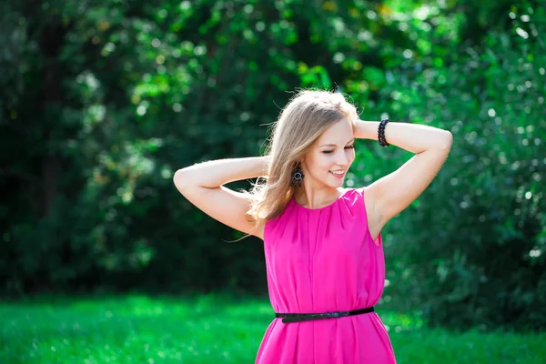 Portrait Close Young Beautiful Happy Woman Red Dress Summer Outdoors — Stock Photo, Image