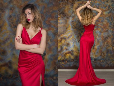 İki model kolaj. Güzel genç yetişkin çekici seksi ve duygusallık mutlu güzel sarışın kadınlar stüdyo duvar arka plan üzerinde kırmızı şıklığı şık elbiseli portresi