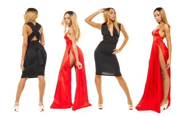 Collage Cuatro Modelos Moda Vestido Mujeres Africanas Jóvenes Vestido Aisladas —  Fotos de Stock