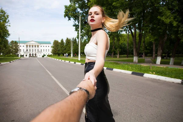 Follow Young Beautiful Blonde Girl Pulls Arm Her Boyfriend Summer — Stock Photo, Image