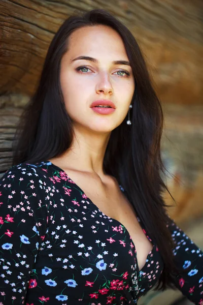 Eski ahşap duvar bir arka plan üzerinde içinde güzel bir genç esmer kadın portresi