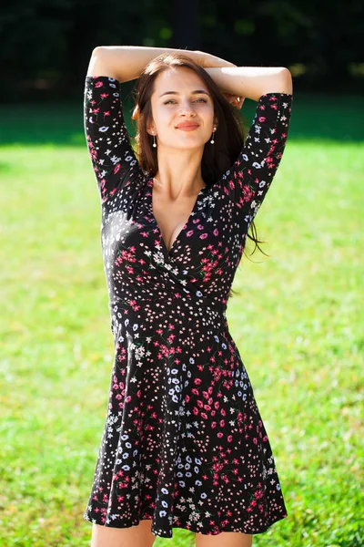 Close Portrait Beautiful Young Happy Brunette Woman Sexy Dress Summer — Stock Photo, Image