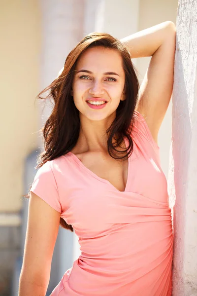 Happy Beautiful Young Brunette Woman Sexy Pink Dress White Wall — Stock Photo, Image