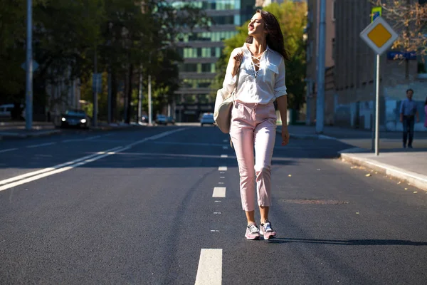 Portrait Full Growth Young Beautiful Brunette Woman White Blouse Pink — Stock Photo, Image