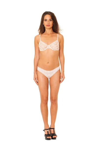 Full Längd Vackra Smala Garvade Kvinnor Bikini Isolerad Vit Bakgrund — Stockfoto