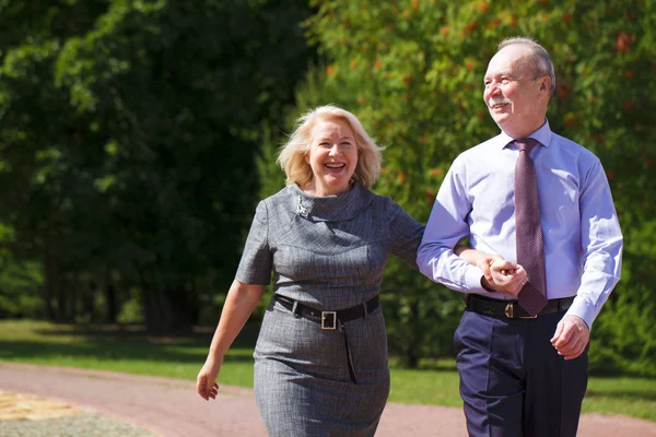 Lyckliga Senior Par Promenader Sommar Parken — Stockfoto