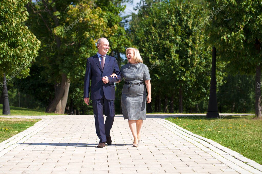 Happy senior couple walking in summer in park