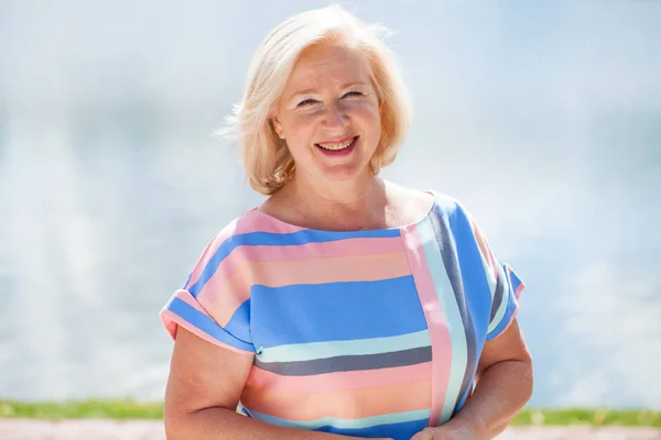 Happy Elderly Blonde Woman Blue Dress Background Summer Park — Stock Photo, Image