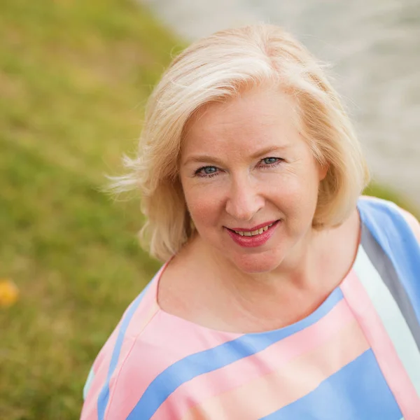 Happy Elderly Blonde Woman Blue Dress Background Summer Park — Stock Photo, Image