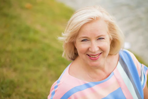 Happy Elderly Blonde Woman Blue Dress Background Summer Park — Stock Photo, Image