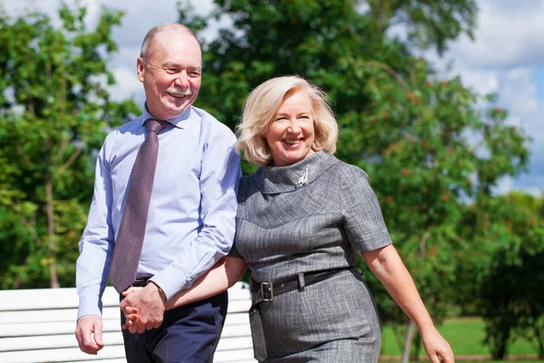 Lyckliga Senior Par Promenader Sommar Parken — Stockfoto