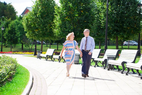 Lyckliga Äldre Par Promenader Sommaren Park — Stockfoto