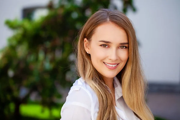 Secretary Happy Woman Close Portrait Young Business Blonde White Shirt — Stock Photo, Image