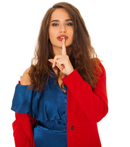 Vrouw Vereist Stilte Jonge Mooie Brunette Model Heeft Wijsvinger Lippen — Stockfoto