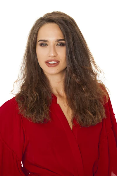 Joven Mujer Morena Hermosa Vestido Rojo Aislado Sobre Fondo Blanco — Foto de Stock