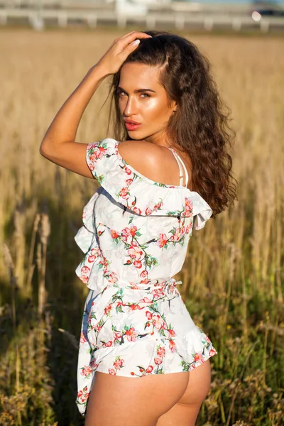 Retrato Cerca Joven Hermosa Morena Vestido Blanco Posando Atardecer Campo — Foto de Stock