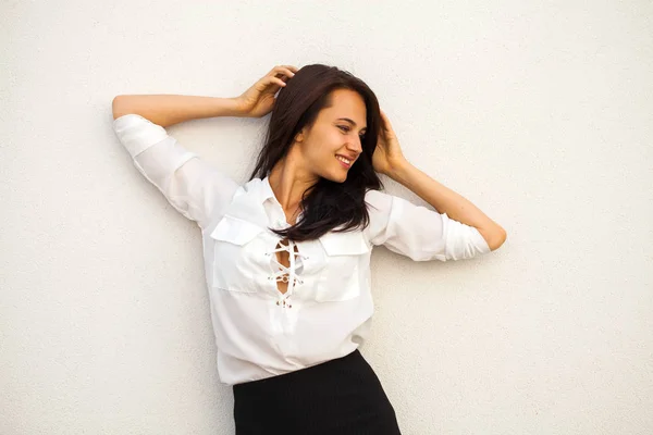 Happy Beautiful Brunette Woman White Blouse Isolated Wall Background — Stock Photo, Image