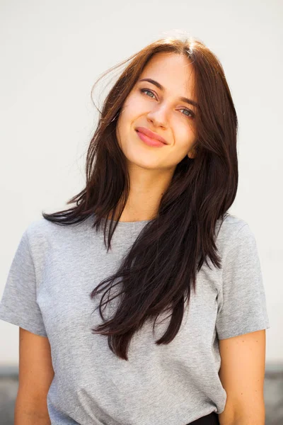 Happy Beautiful Brunette Woman Gray Shirt Isolated White Wall Background — Stock Photo, Image