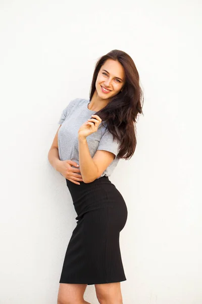 Happy Beautiful Brunette Woman Gray Shirt Black Skirt Isolated White — Stock Photo, Image