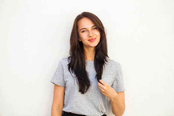 Happy Beautiful Brunette Woman Gray Shirt Isolated White Wall Background — Stock Photo, Image