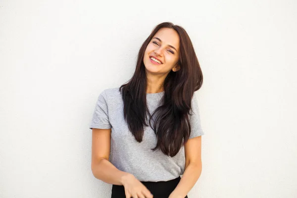 Happy Beautiful Brunette Woman Gray Shirt Isolated White Wall Background — Stock Photo, Image