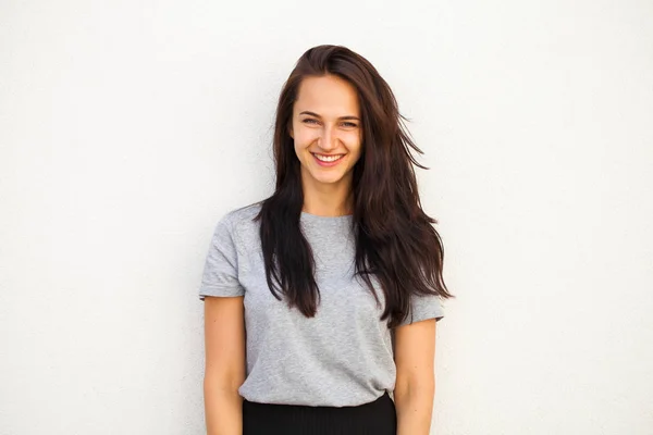 Happy Beautiful Brunette Woman Gray Shirt Isolated White Wall Background — Stock Photo, Image