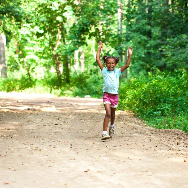Portrait Smiling African American Little Girl Running Summer Park — Stock Photo, Image