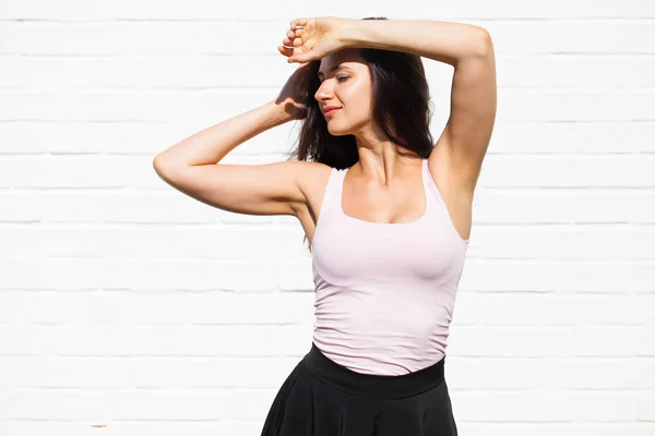 Calm Beautiful Young Brunette Woman Sexy Pink Dress White Wall — Stock Photo, Image