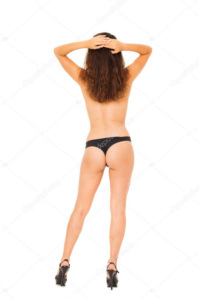 Topless back view, Sexy beautiful brunette woman, isolted on white background