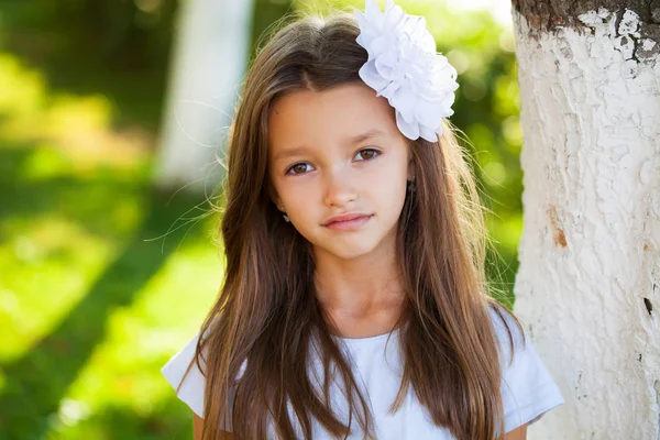 一个美丽的年轻的黑发小女孩 夏天户外的肖像 — 图库照片